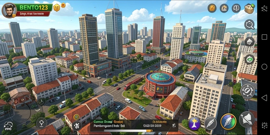 Screenshot utama BENTO123 menunjukkan pemain membangun kota dengan elemen strategi.
