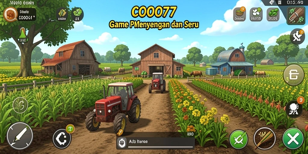 Screenshot menunjukkan gameplay COO77 dengan aktivitas bertani yang seru.