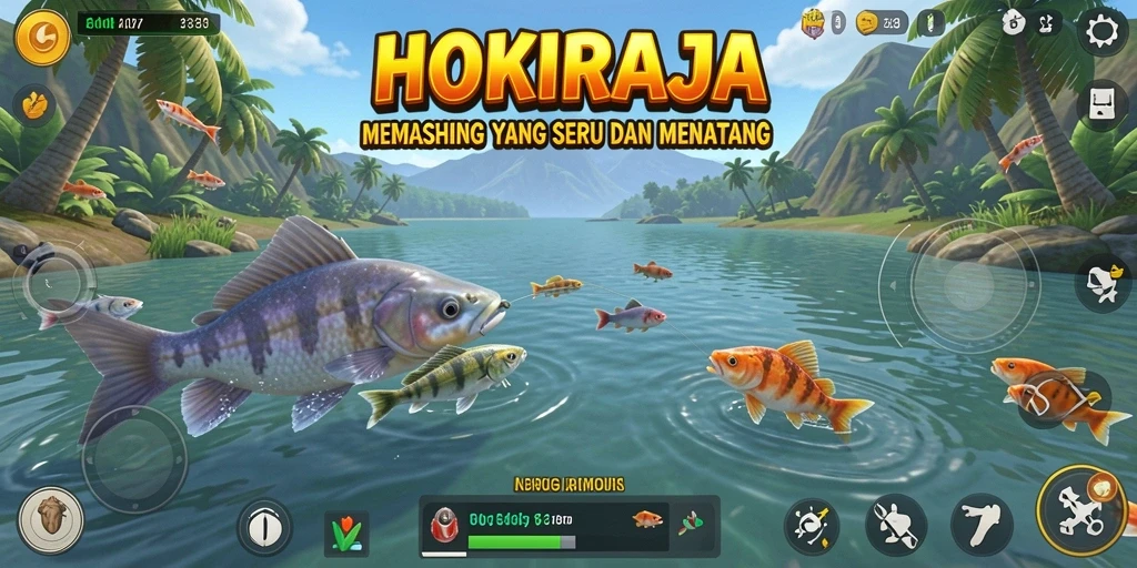 Tampilan gameplay HOKIRAJA dengan suasana memancing yang damai.