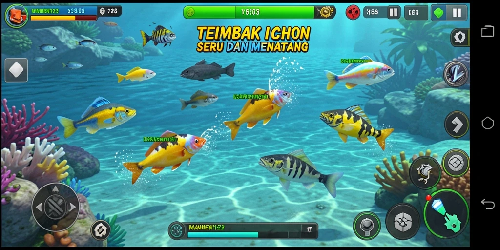 Tampilan gameplay seru dalam MAMEN123 saat menembak ikan.