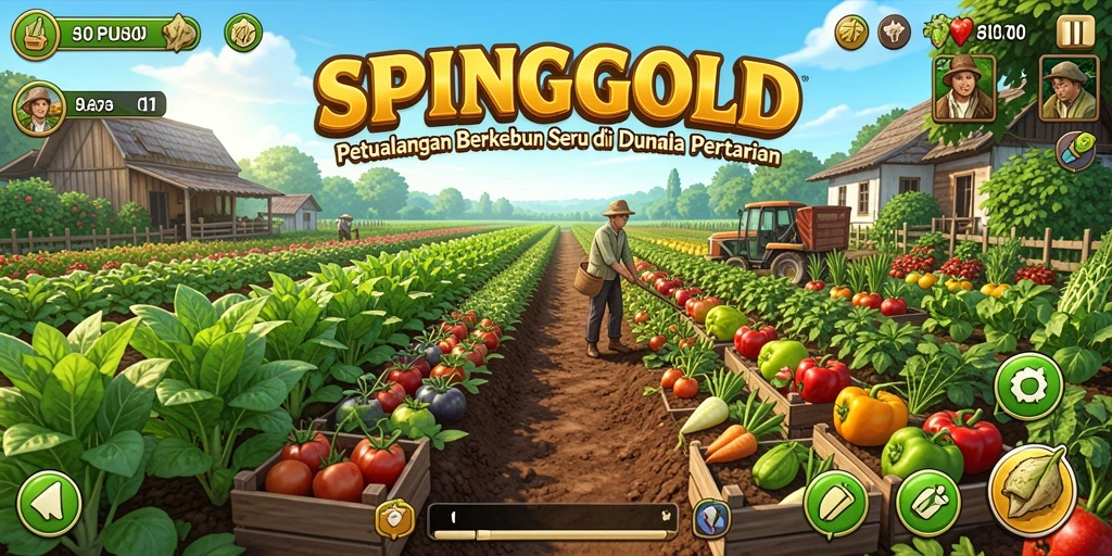 Tangkapan layar gameplay SPINGOLD menampilkan ladang yang subur dan hewan ternak.