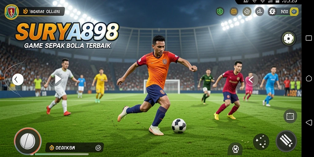 Tangkapan layar gameplay SURYA898 dengan aksi pertandingan sepak bola yang mendebarkan.